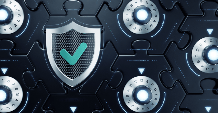 Graphic of a shield containing a green check mark and combination locks against a dark background