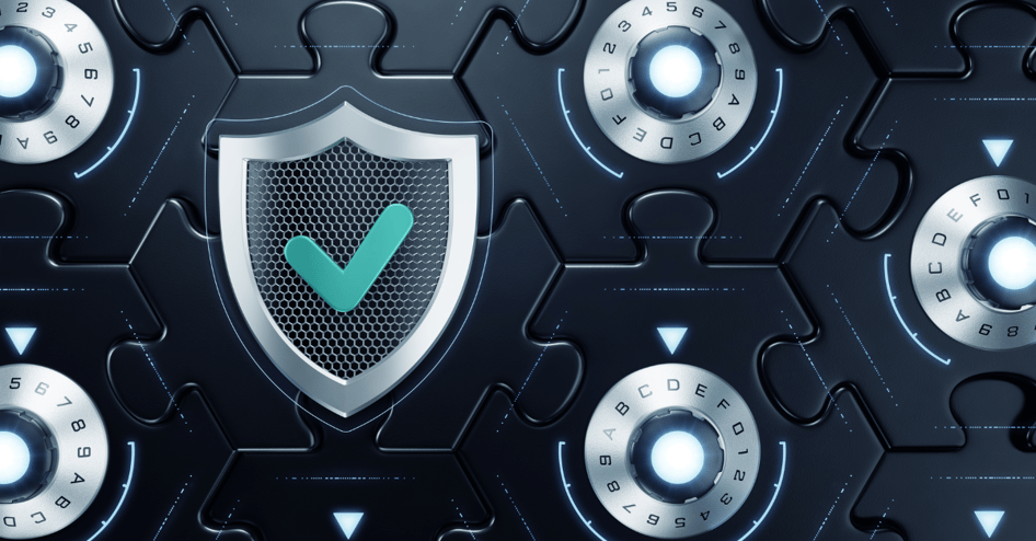 Graphic of a shield containing a green check mark and combination locks against a dark background