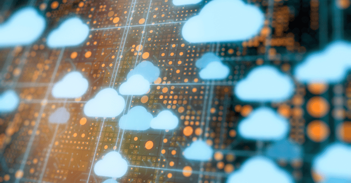Graphic image of many clouds strewn across a computer looking grid