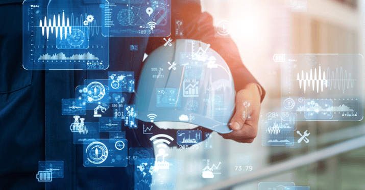 A person holding a hard hat with a holographic looking screen overlaid on it.