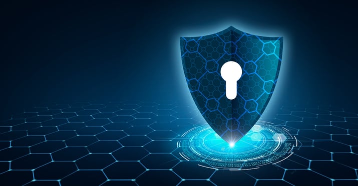 a graphic of a shield with a keyhole in the middle on a computerized looking landscape