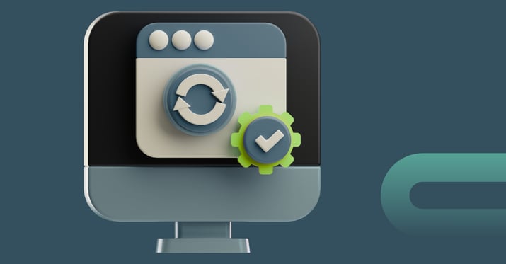 A graphic of a computer that has a white check mark with a green and blue background.