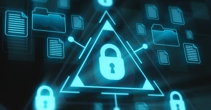 A graphic depicting a padlock inside a triangle on a computer screen. 