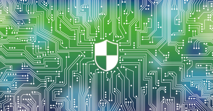 a graphic depicting a shield in front of a green computer motherboard